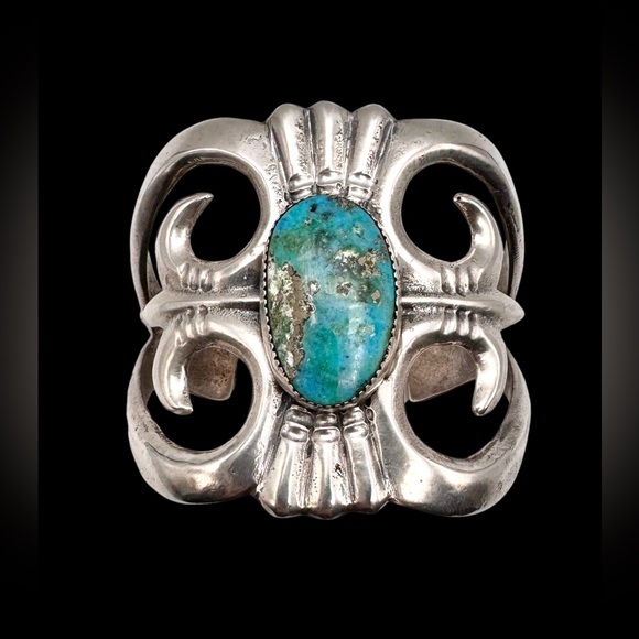 Navajo Native American Sterling Silver Turquoise Sand Cast Cuff Bracelet 6 7/8
